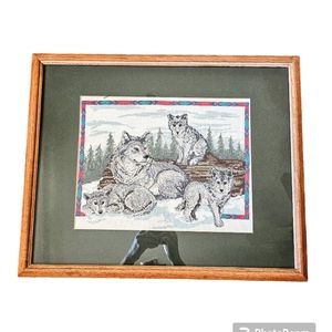 Vintage Wolf Family Cross Stitch Matted And Framed Size 18x21.5 in Hand Made